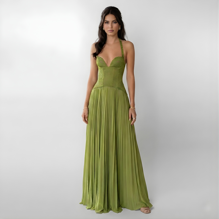 Women’s Maxi Dress with Halter Neckline Pleated Skirt