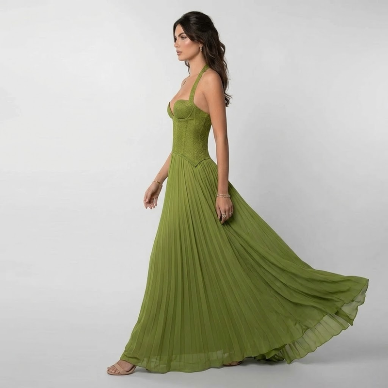 Women’s Maxi Dress with Halter Neckline Pleated Skirt