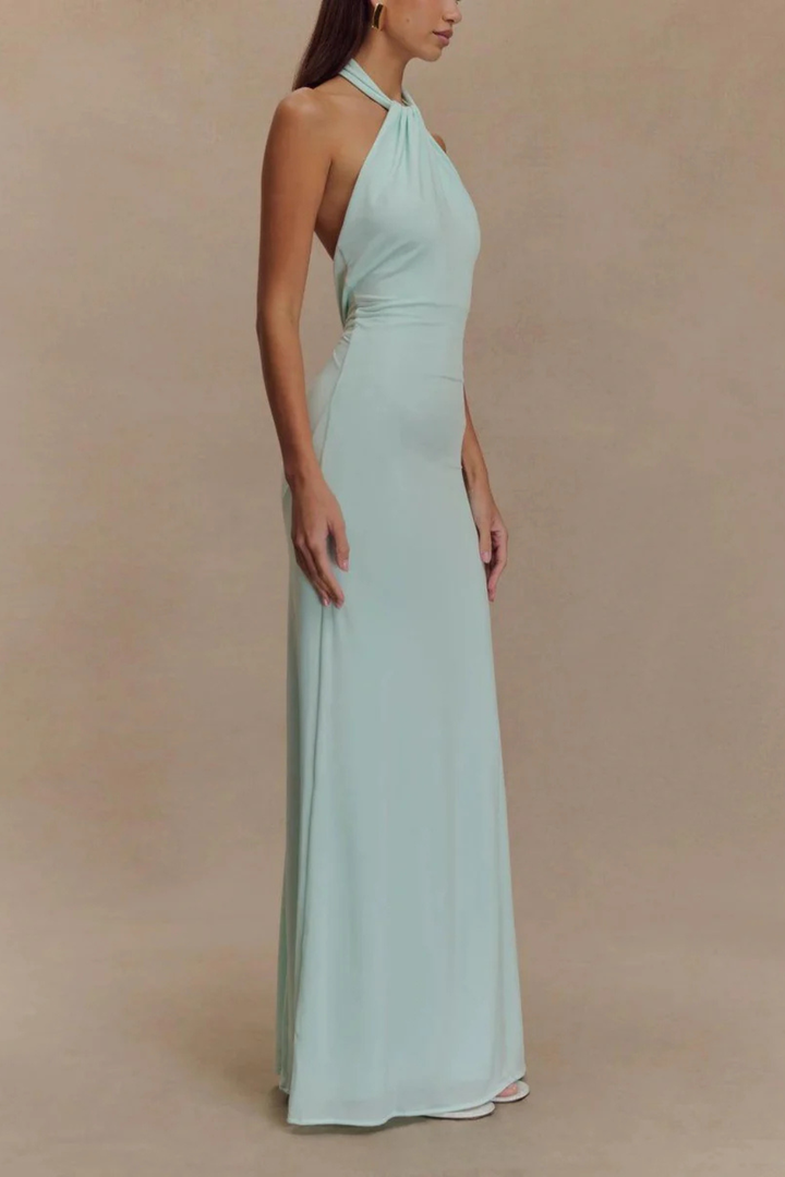 Women’s Maxi Dress with Halter Neckline and Gathered Bodice