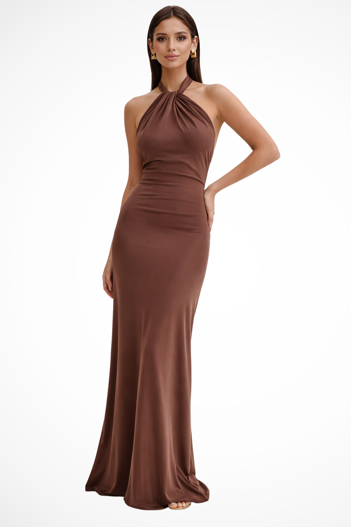 Women’s Maxi Dress with Halter Neckline and Gathered Bodice