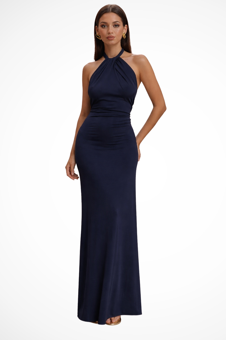 Women’s Maxi Dress with Halter Neckline and Gathered Bodice