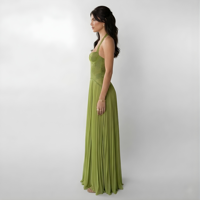 Women’s Maxi Dress with Halter Neckline Pleated Skirt