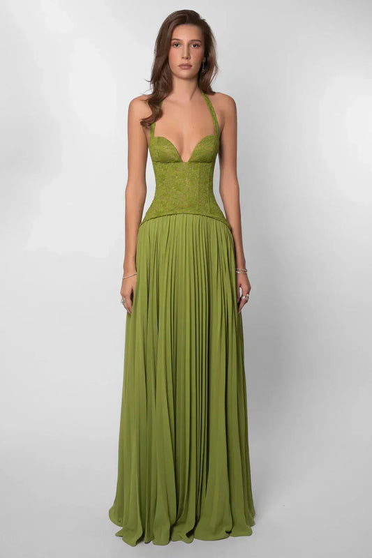 Women’s Maxi Dress with Halter Neckline and Pleated Skirt