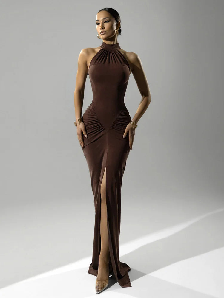 Women’s Maxi Dress with Halter Neckline and Side Slit
