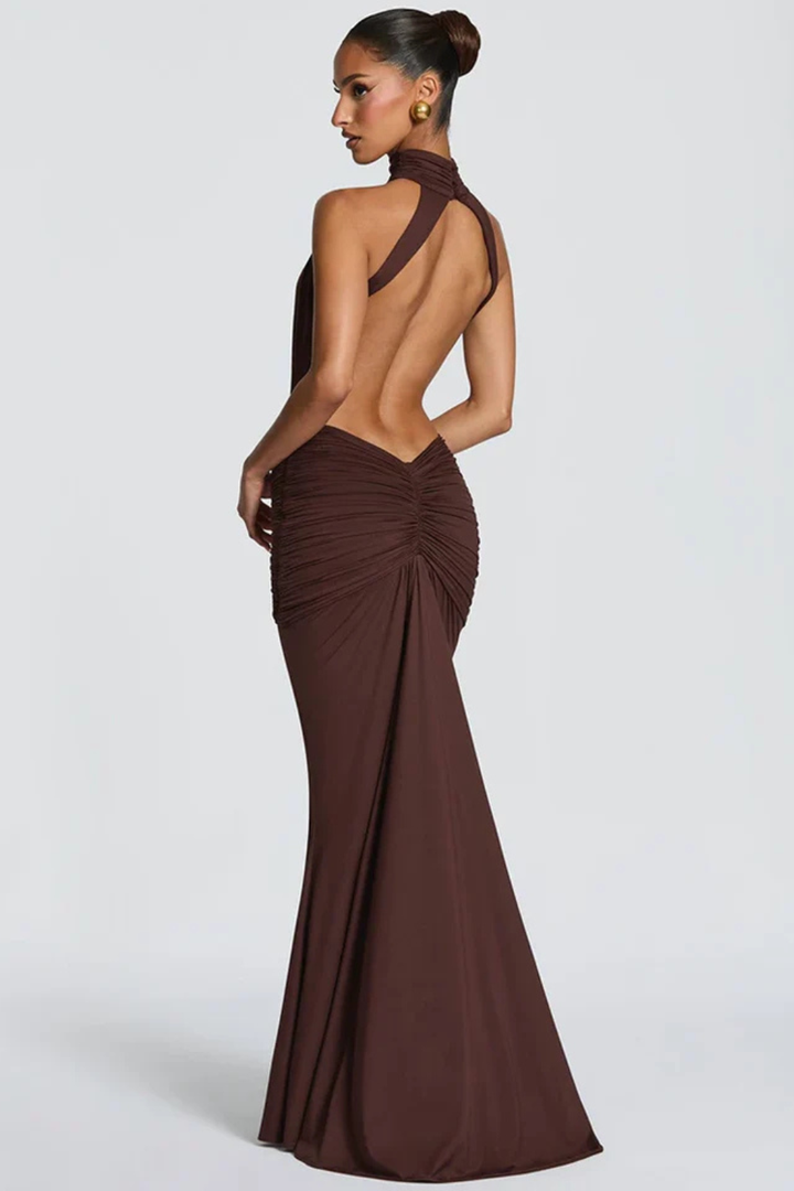 Women’s Maxi Dress with Halter Neckline and Waist Draping