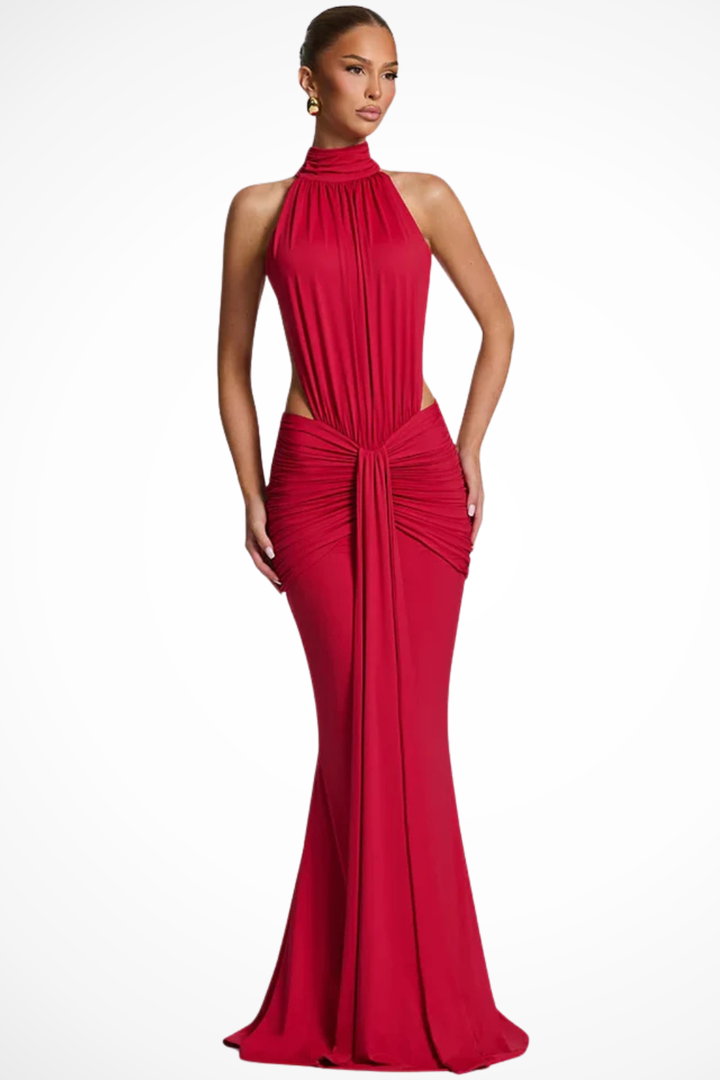 Women’s Maxi Dress with Halter Neckline and Waist Draping