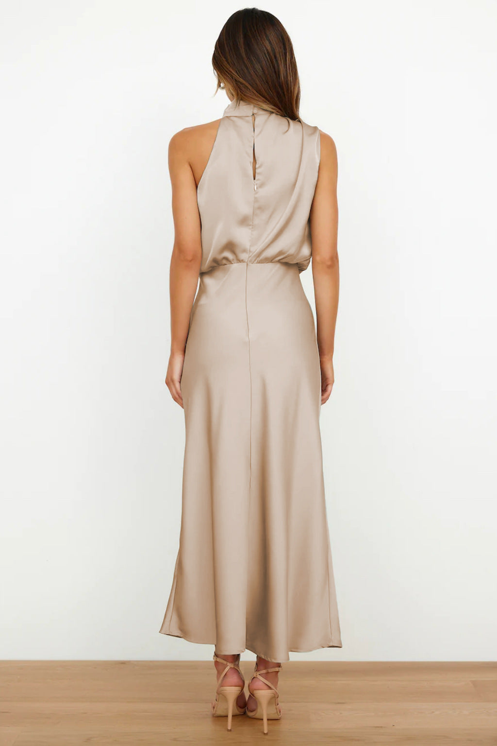 Women’s Maxi Dress with High Collar and Draped Front