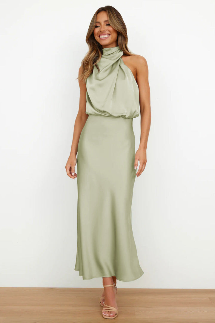 Women’s Maxi Dress with High Collar and Draped Front