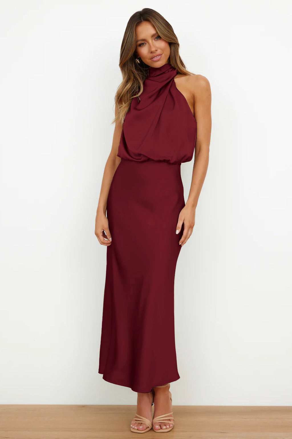 Women’s Maxi Dress with High Collar and Draped Front
