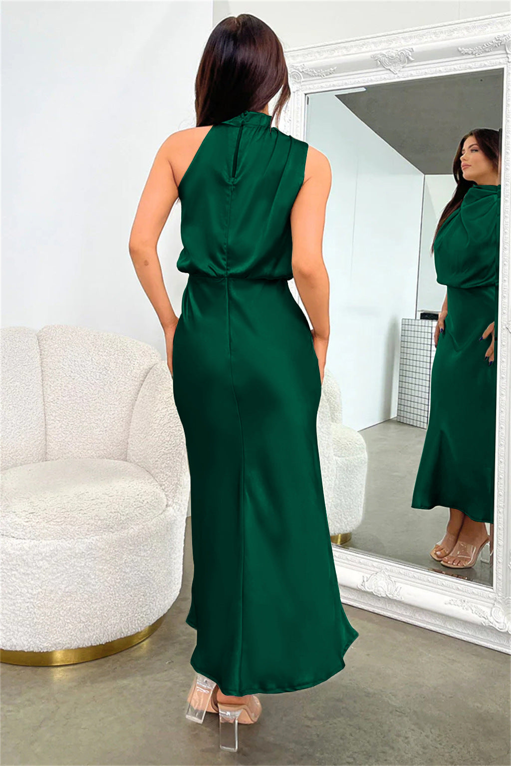 Women’s Maxi Dress with High Collar and Draped Front