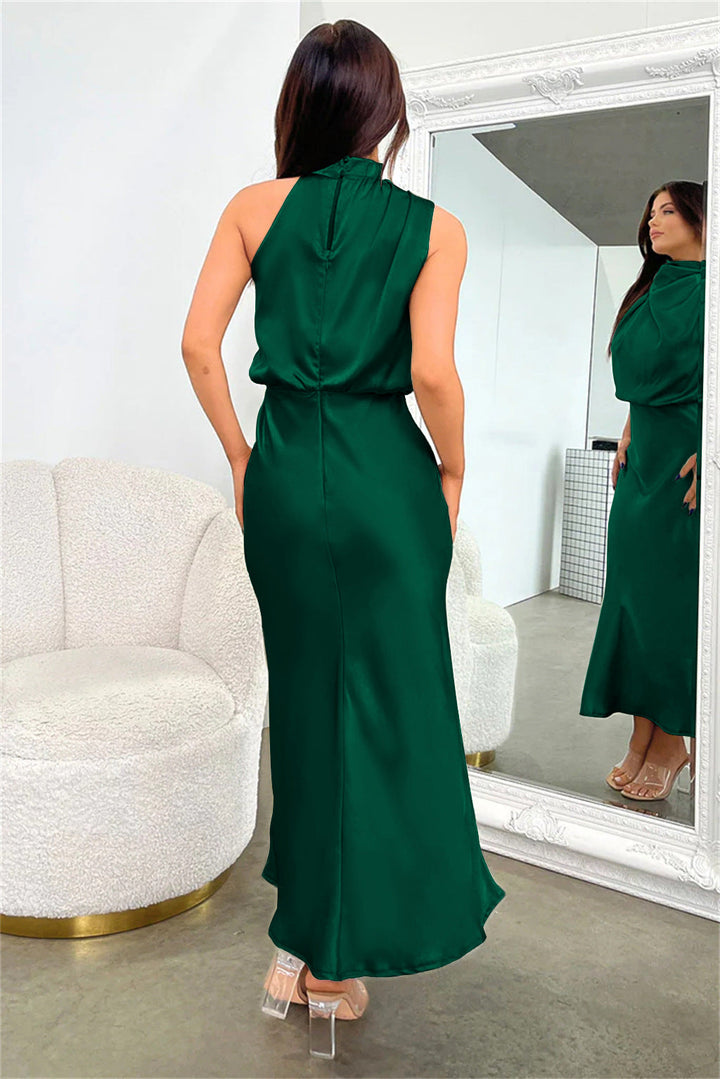 Women’s Maxi Dress with High Collar and Draped Front