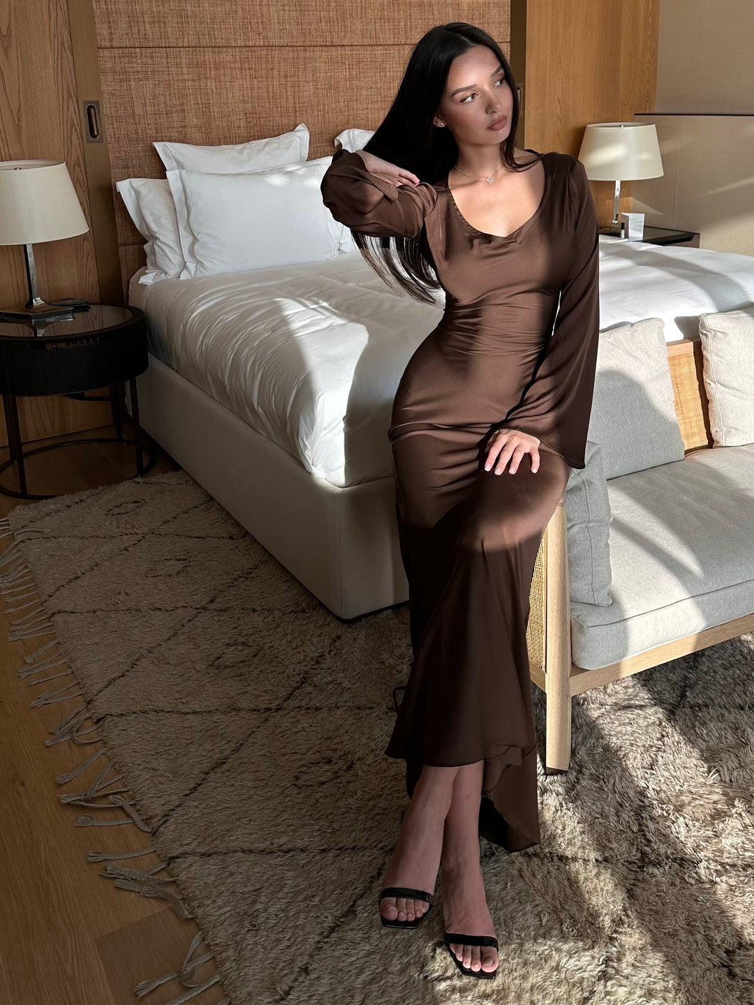 Women’s Maxi Dress with Long Sleeves and Waist Tie