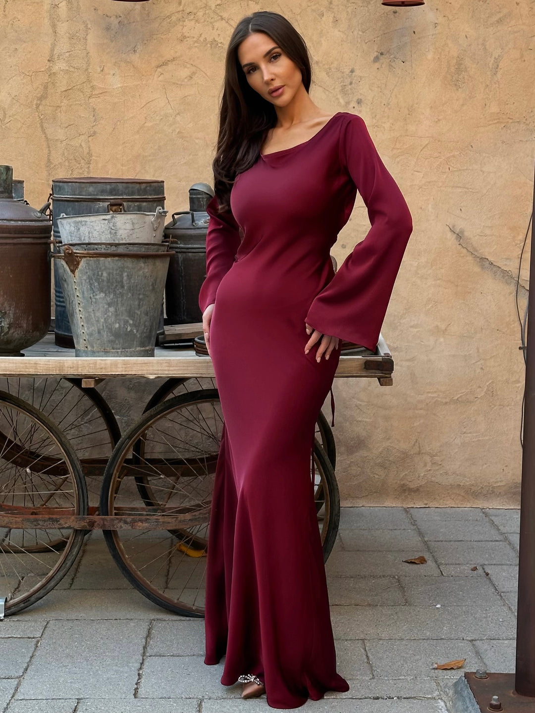 Women’s Maxi Dress with Long Sleeves and Waist Tie
