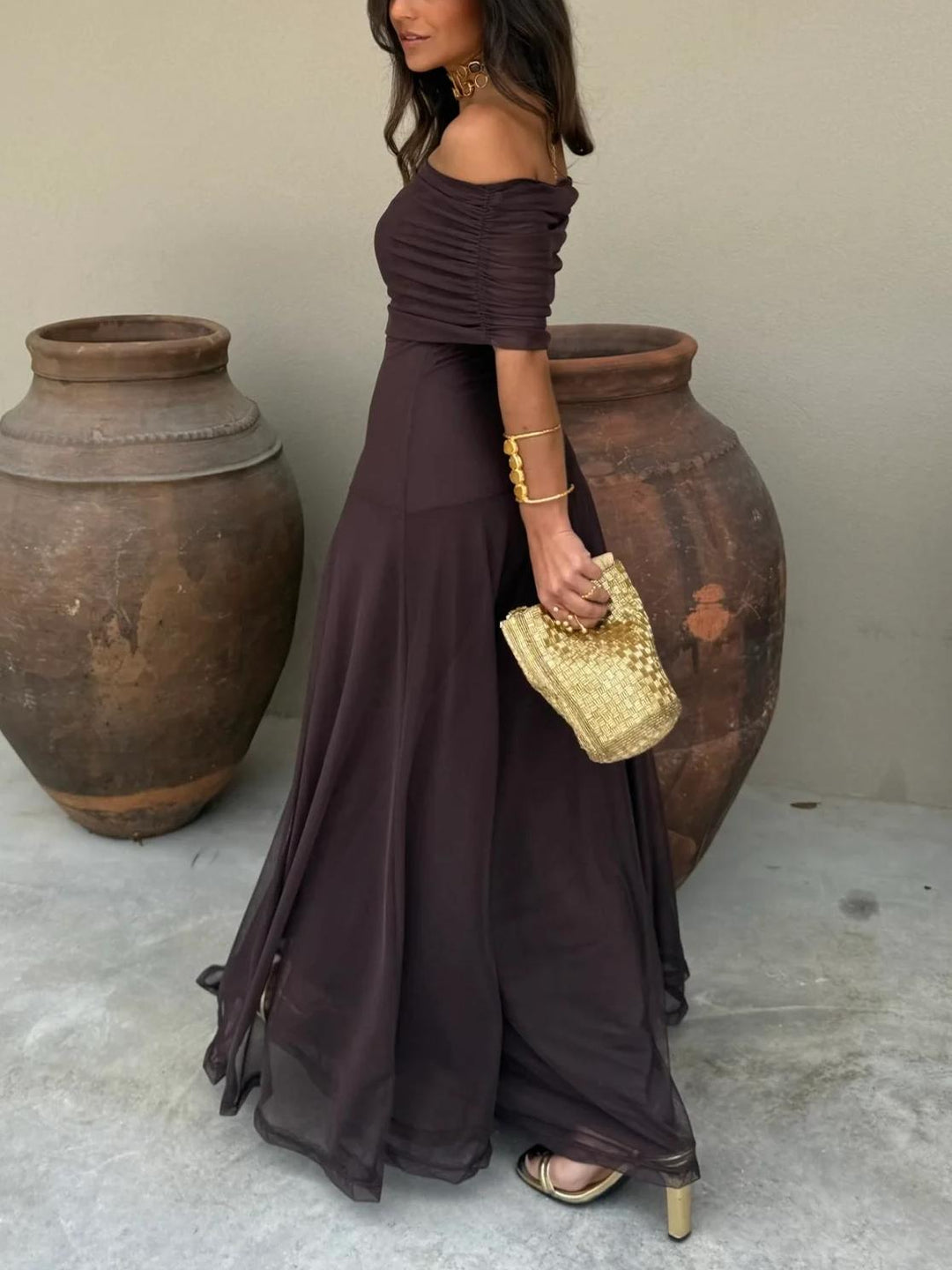 Women’s Maxi Dress with Off-Shoulder Neckline and Gathered Bodice