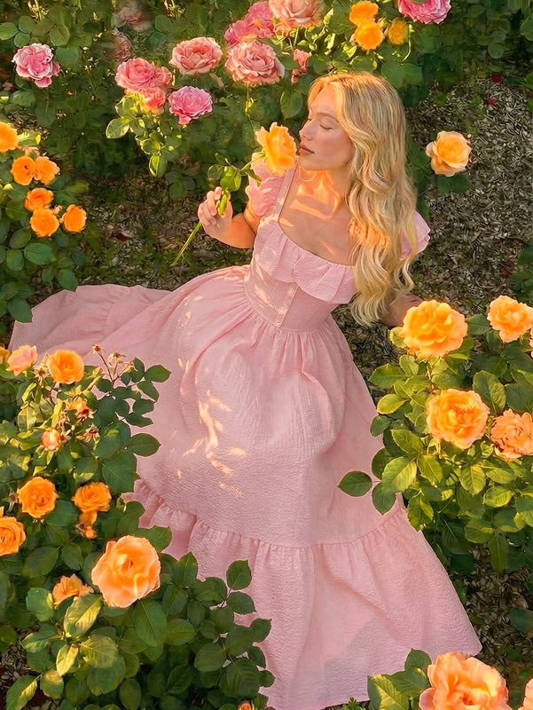Women’s Maxi Dress with Off-Shoulder Ruffle and Button Front