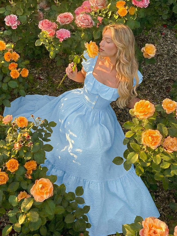 Women’s Maxi Dress with Off-Shoulder Ruffle and Button Front