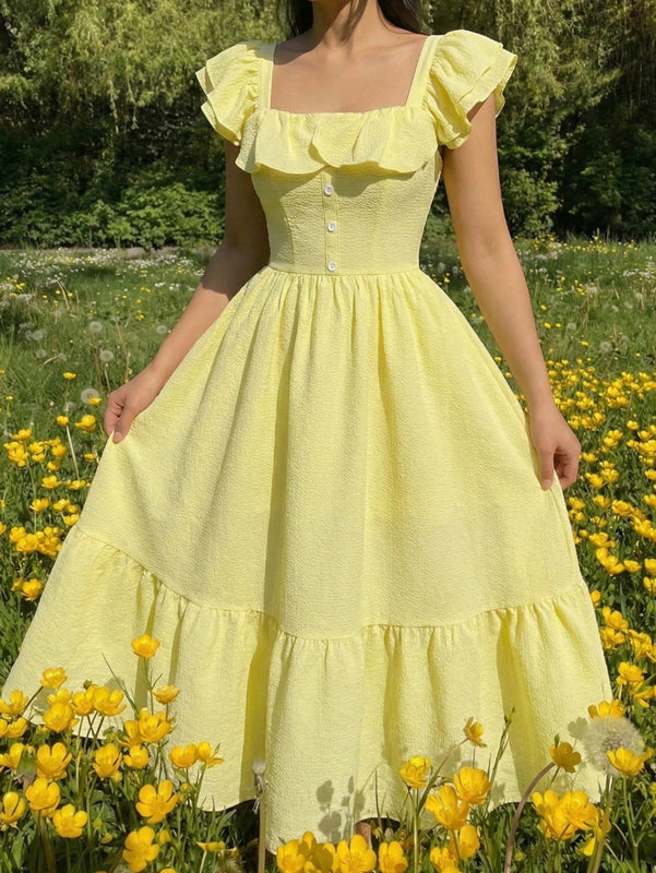 Women’s Maxi Dress with Off-Shoulder Ruffle and Button Front