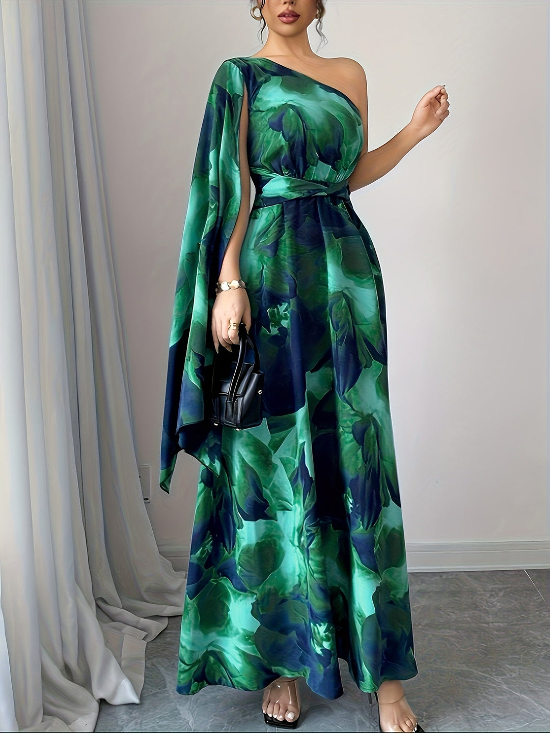 Women’s Maxi Dress with One-Shoulder Neckline and Floral Print