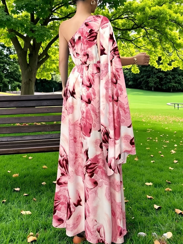 Women’s Maxi Dress with One-Shoulder Neckline and Floral Print