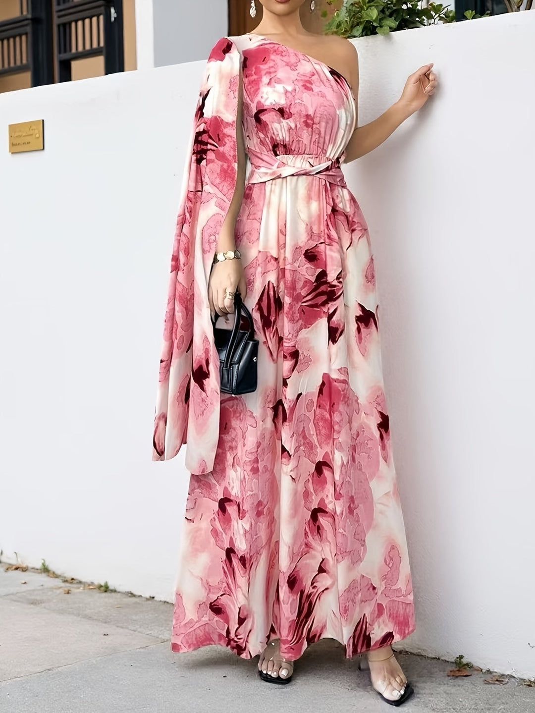 Women’s Maxi Dress with One-Shoulder Neckline and Floral Print