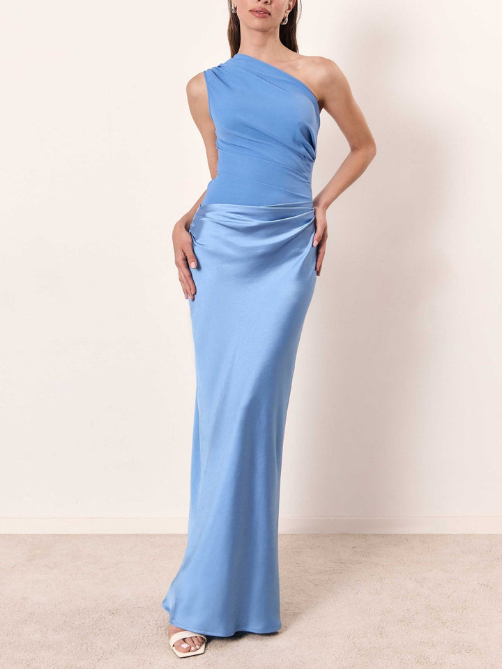 Women’s Maxi Dress with One-Shoulder Neckline and Pleated Waist