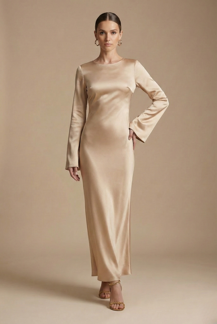 Women’s Maxi Dress with Round Neck and Tie Waist