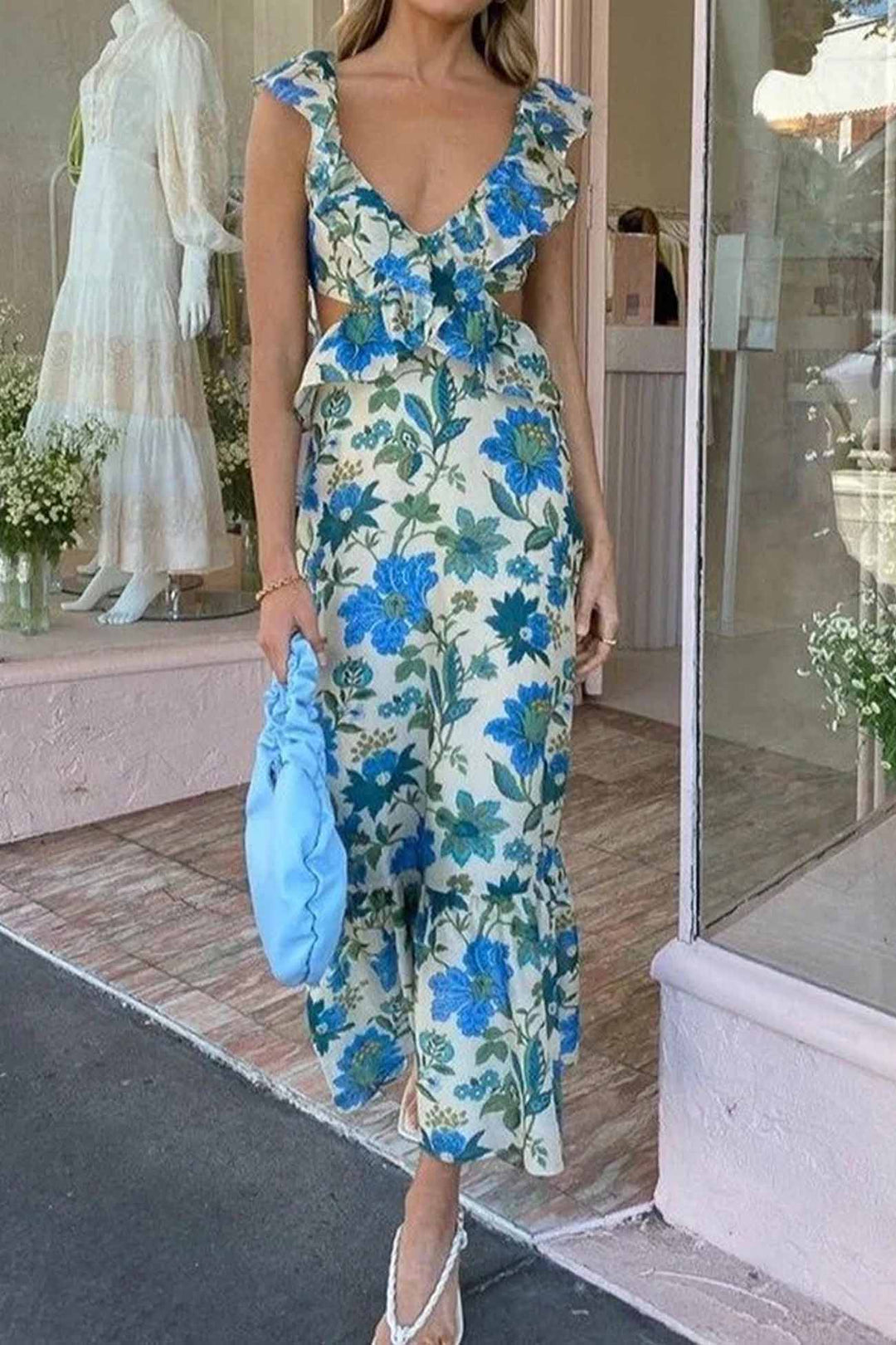 Women’s Maxi Dress with Ruffle Straps and Tie-Back Closure