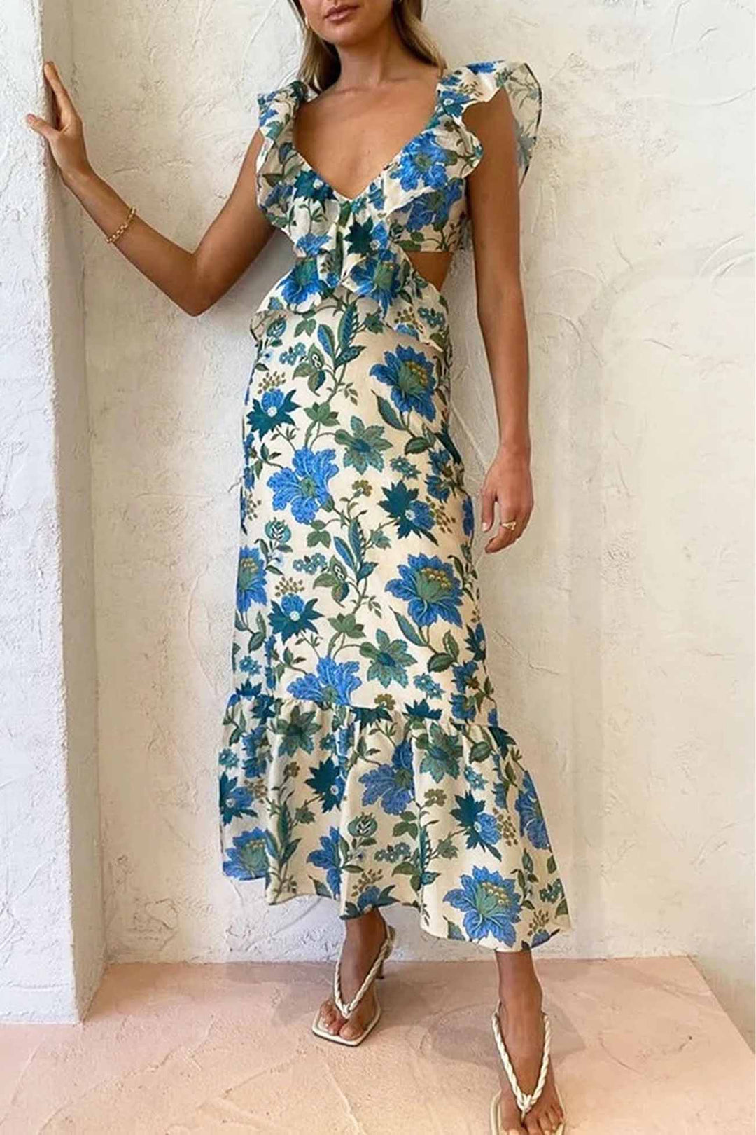 Women’s Maxi Dress with Ruffle Straps and Tie-Back Closure