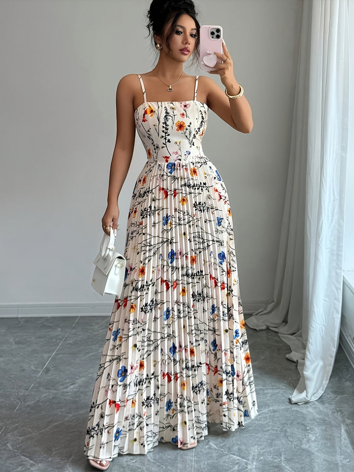 Women’s Maxi Dress with Square Neckline and Pleated Skirt