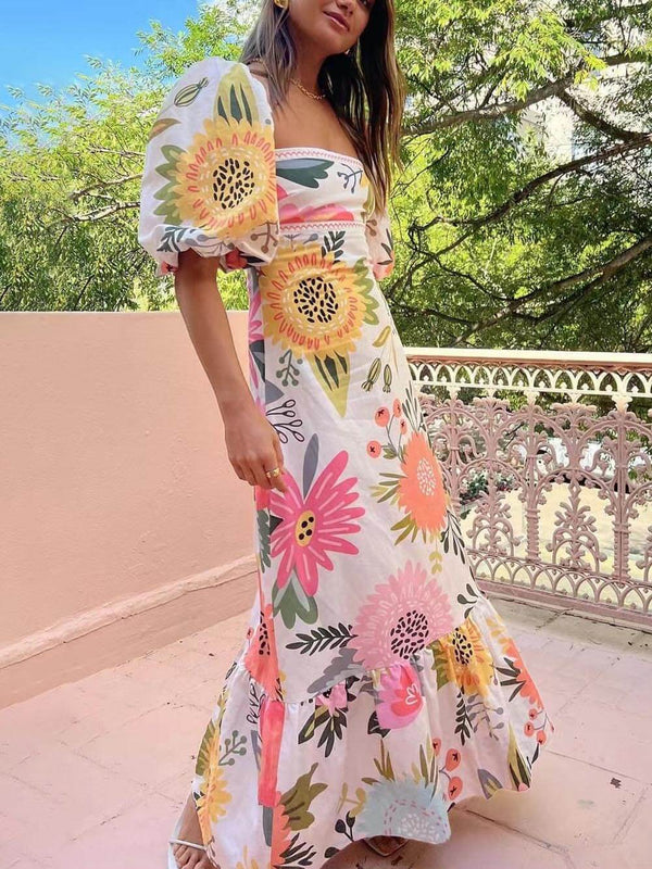 Women’s Maxi Dress with Square Neckline and Puff Sleeves