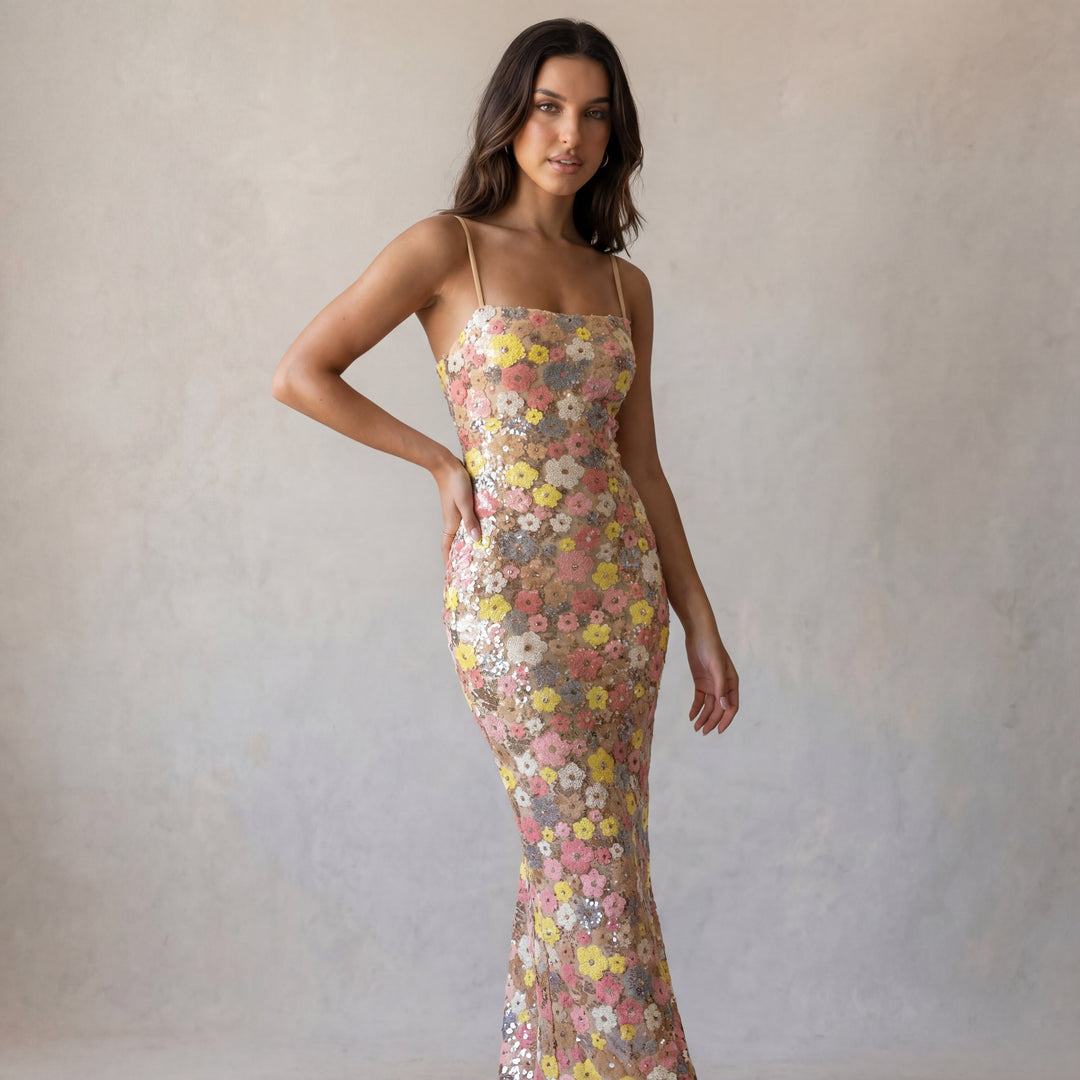 Women’s Maxi Dress with Square Neckline and Thin Shoulder Straps