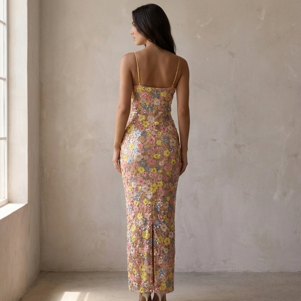 Women’s Maxi Dress with Square Neckline and Thin Shoulder Straps