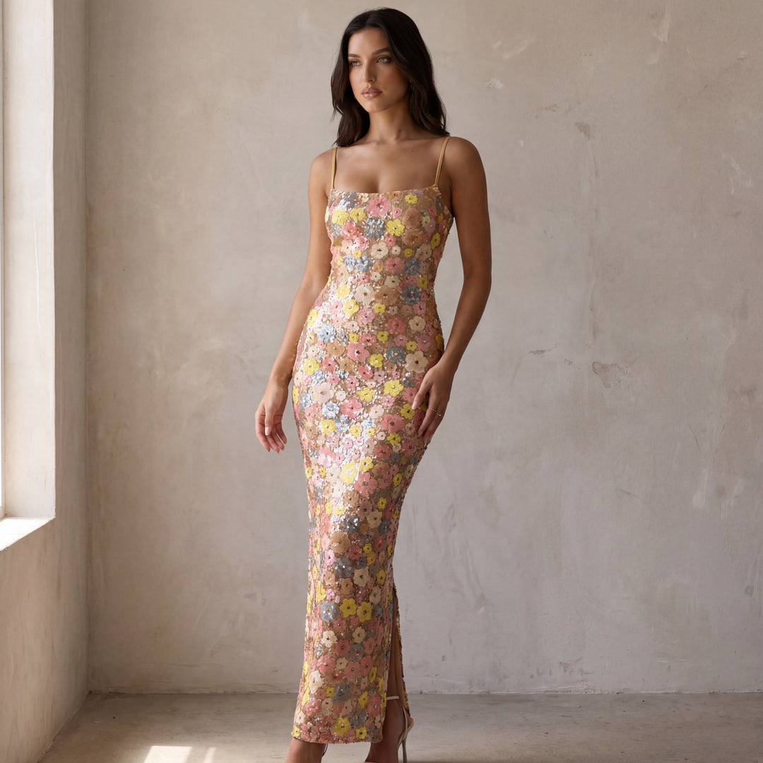 Women’s Maxi Dress with Square Neckline and Thin Shoulder Straps