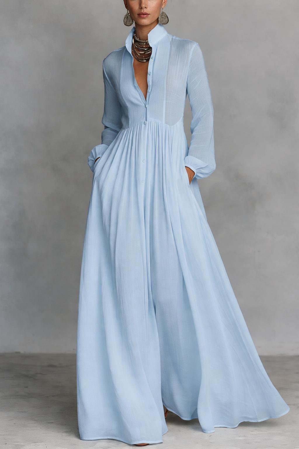 Women’s Maxi Dress with Stand Collar and Front Button Closure