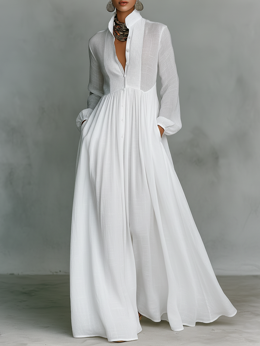 Women’s Maxi Dress with Stand Collar and Front Button Closure