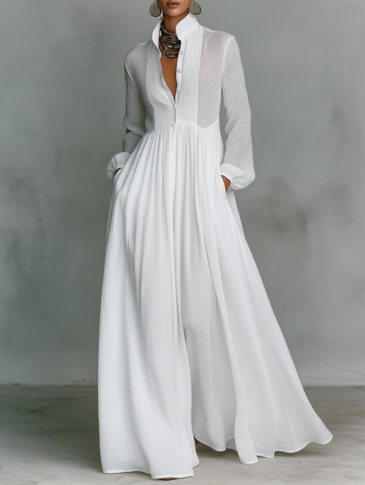 Women’s Maxi Dress with Stand Collar and Front Button Closure