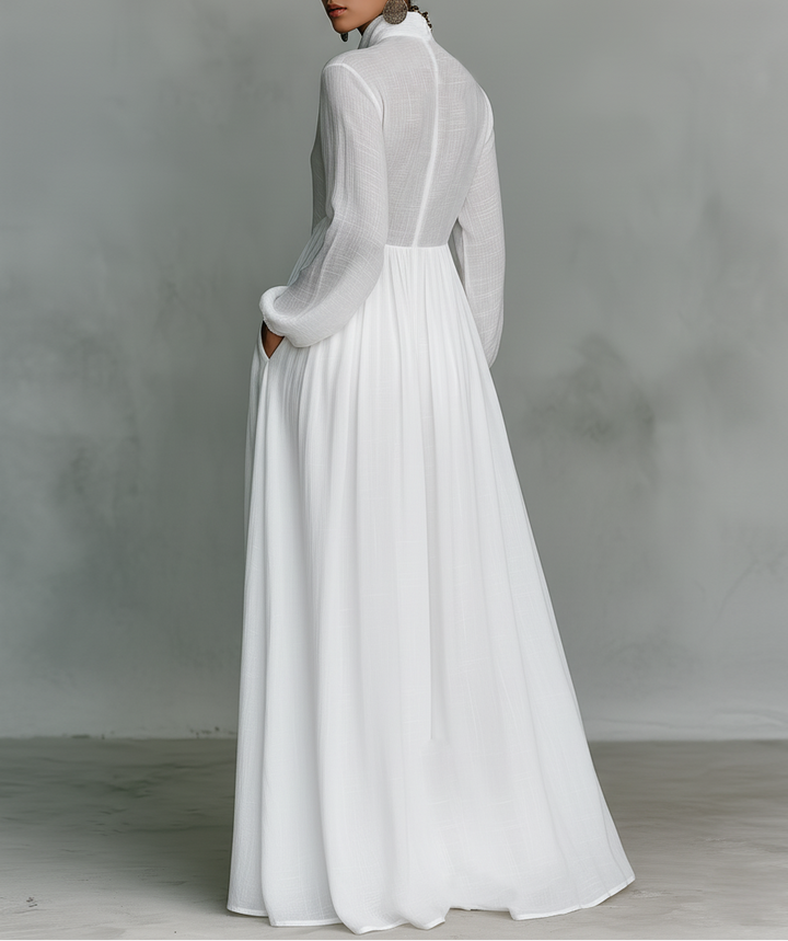 Women’s Maxi Dress with Stand Collar and Front Button Closure