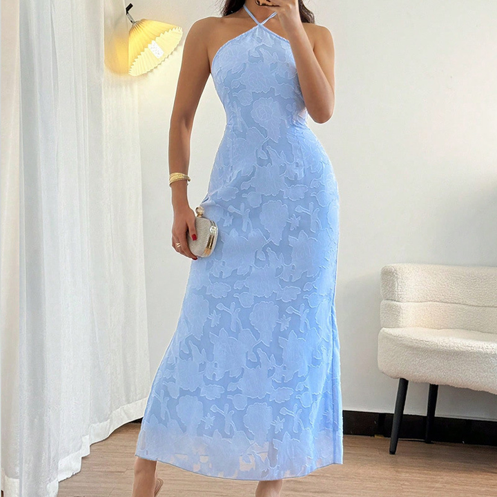 Women’s Maxi Dress with Straight Neckline and Lace-Up Back