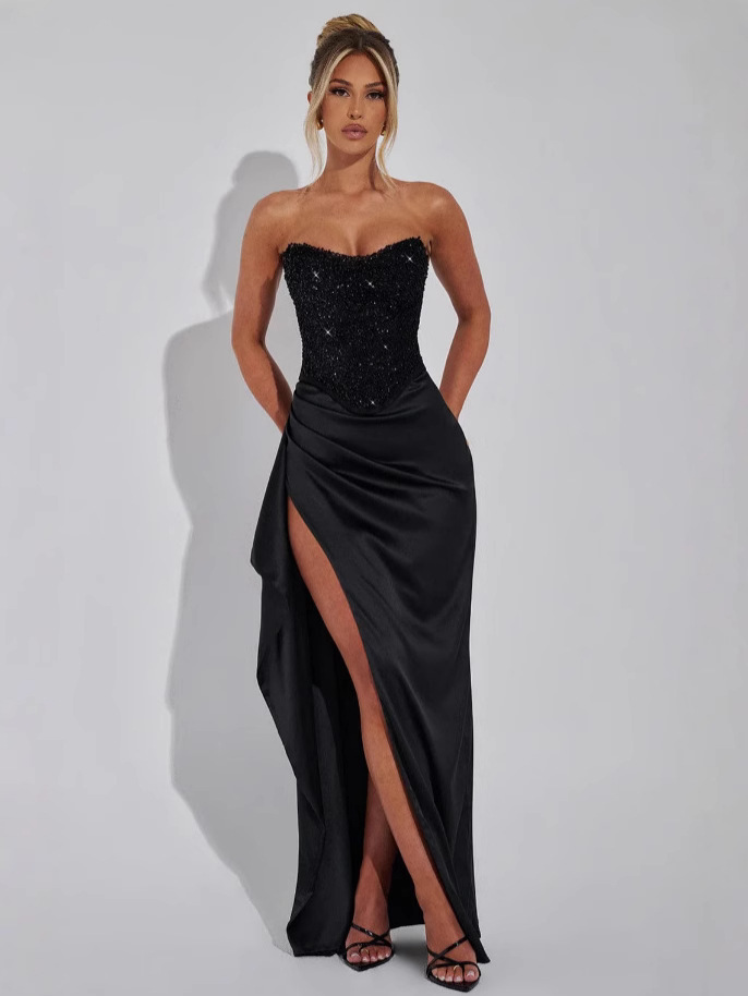 Women’s Maxi Dress with Strapless Bodice and Side Slit