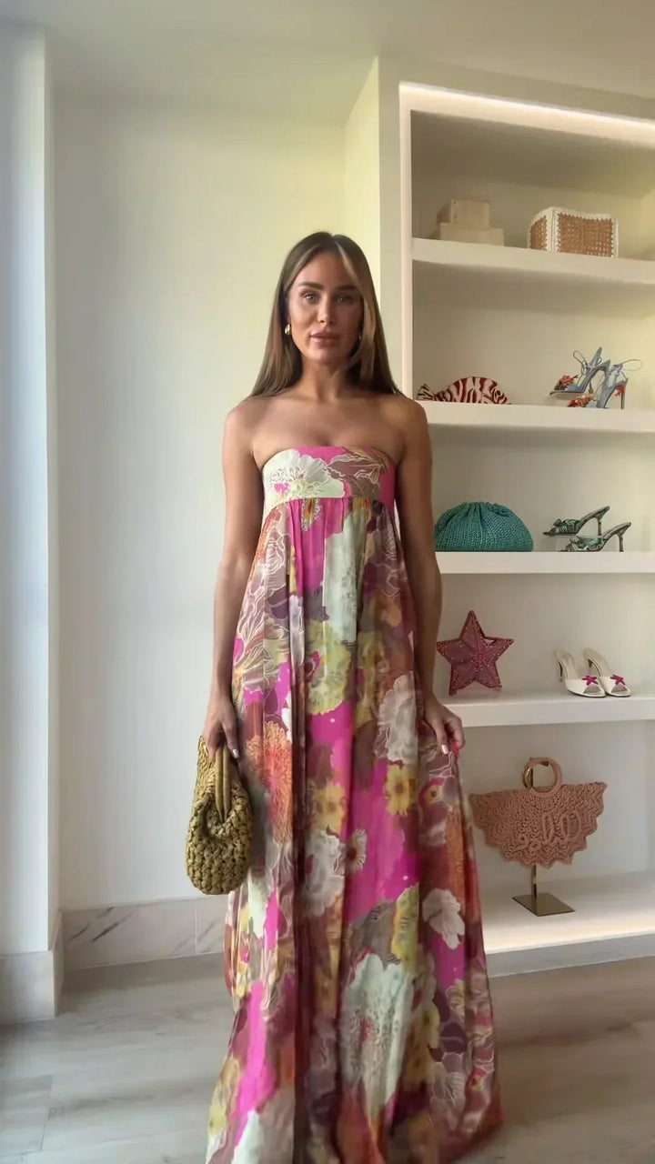 Women’s Maxi Dress with Strapless Neckline and Floral Print