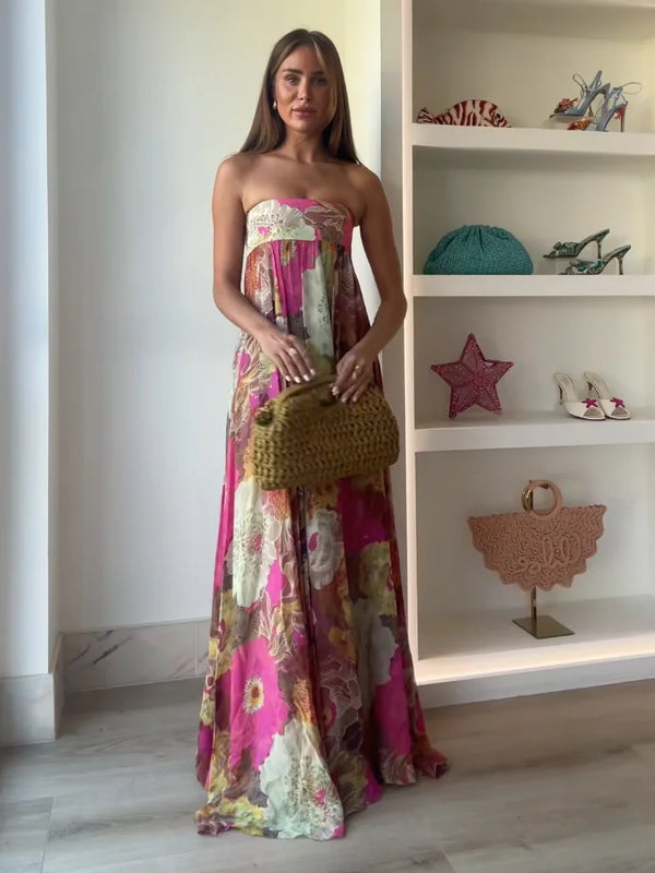Women’s Maxi Dress with Strapless Neckline and Floral Print