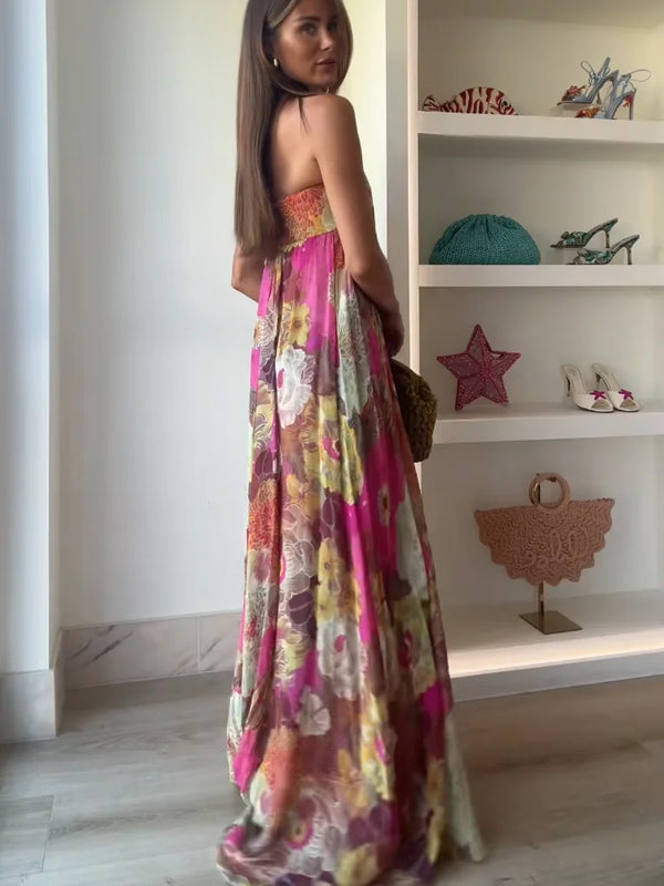 Women’s Maxi Dress with Strapless Neckline and Floral Print