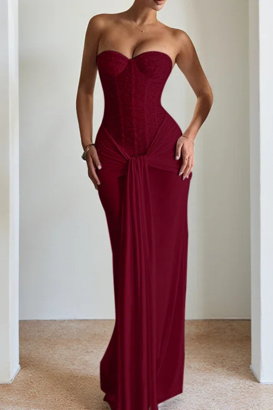 Women’s Maxi Dress with Strapless Neckline and Front Draped Panel