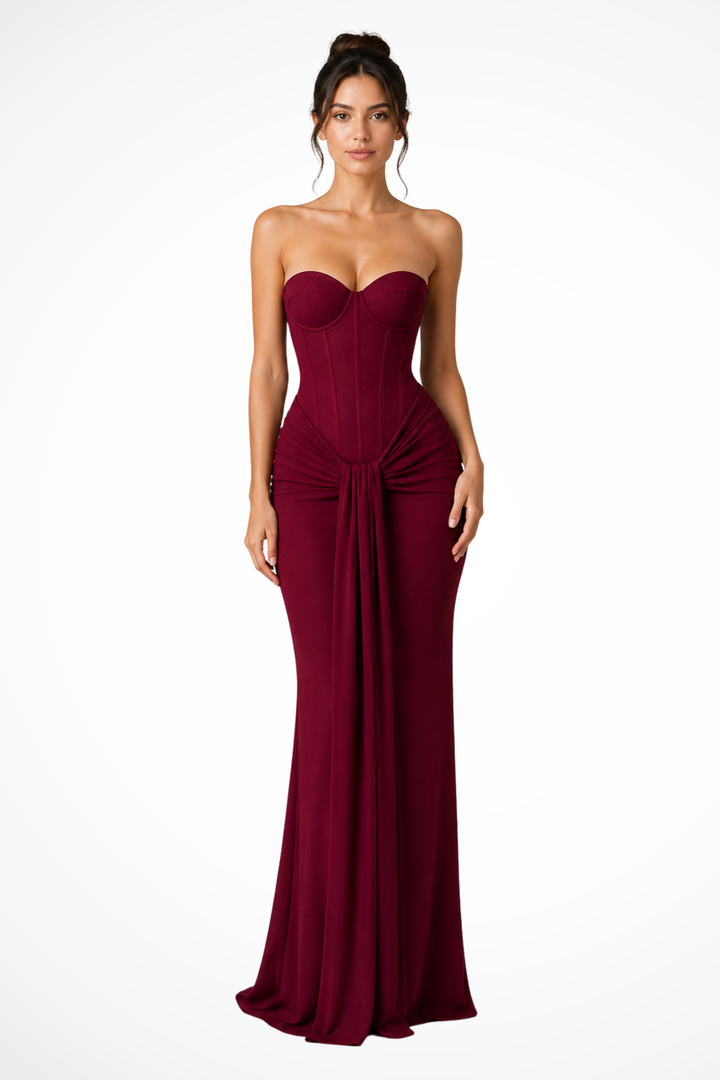 Women’s Maxi Dress with Strapless Neckline and Front Draped Panel