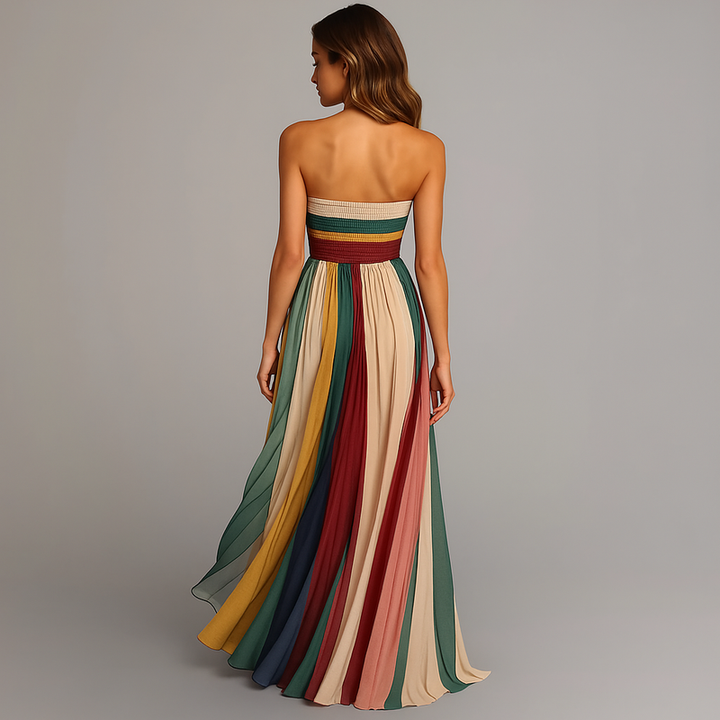 Women’s Maxi Dress with Strapless Neckline and Pleated Panels
