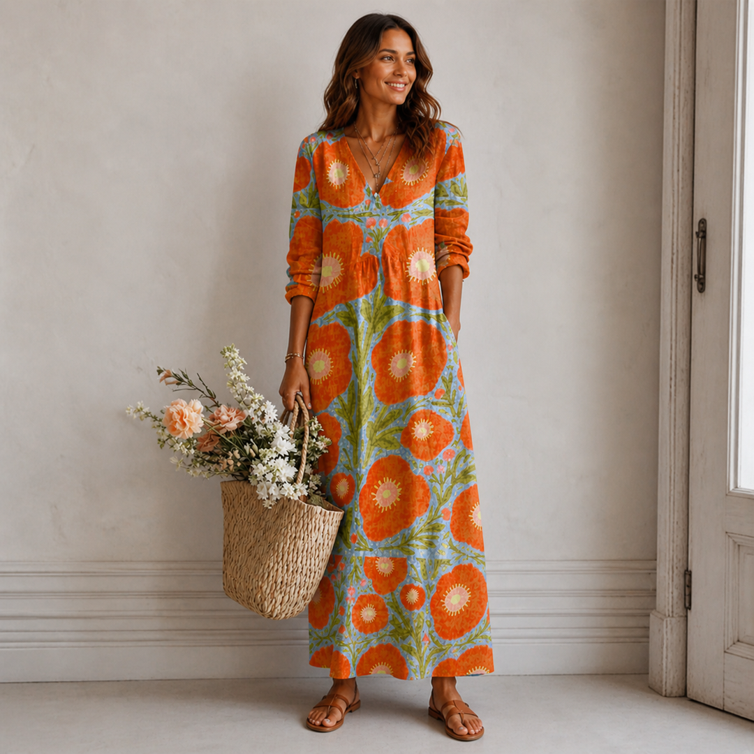 Women’s Maxi Dress with V-Neckline Long Sleeves