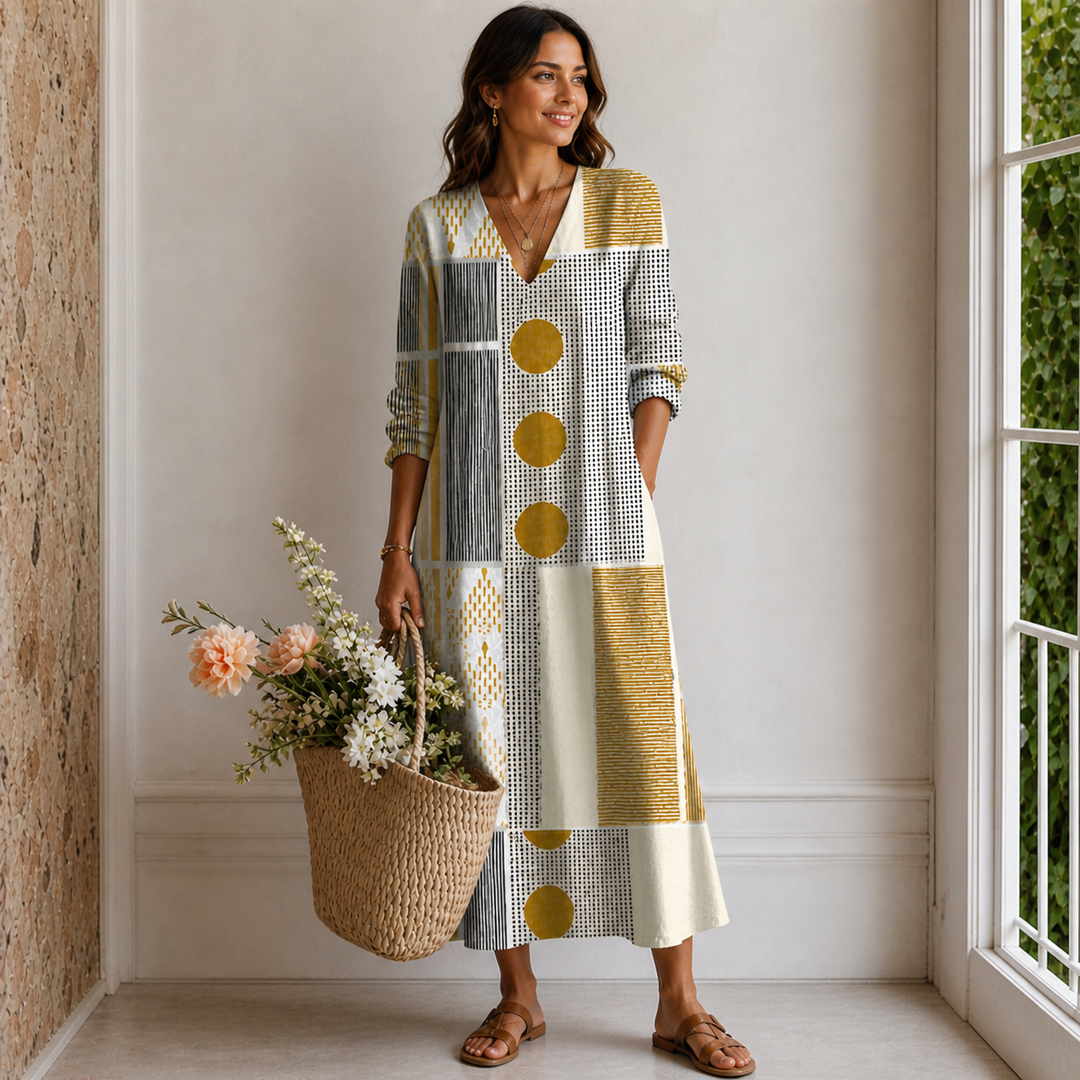 Women’s Maxi Dress with V-Neckline Side Pockets