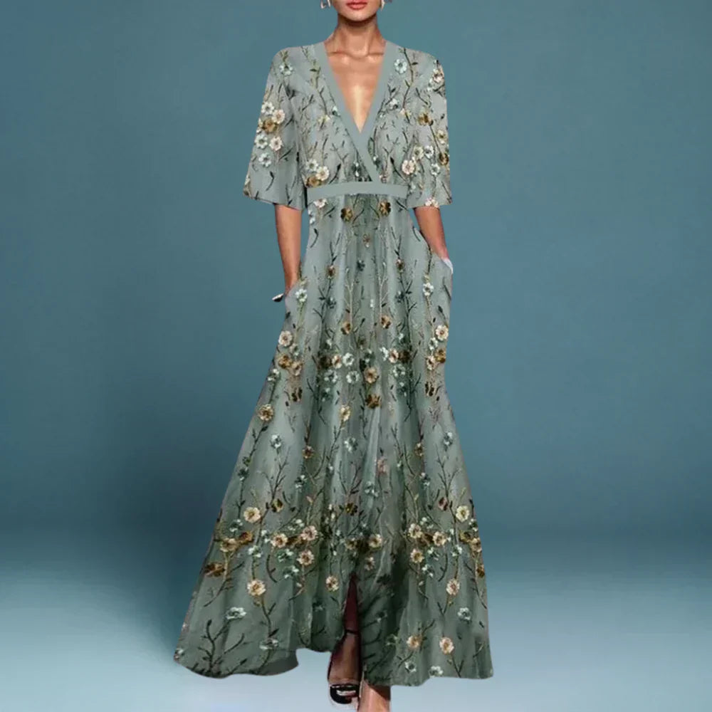 Women’s Maxi Dress with V-Neckline and Floral Pattern