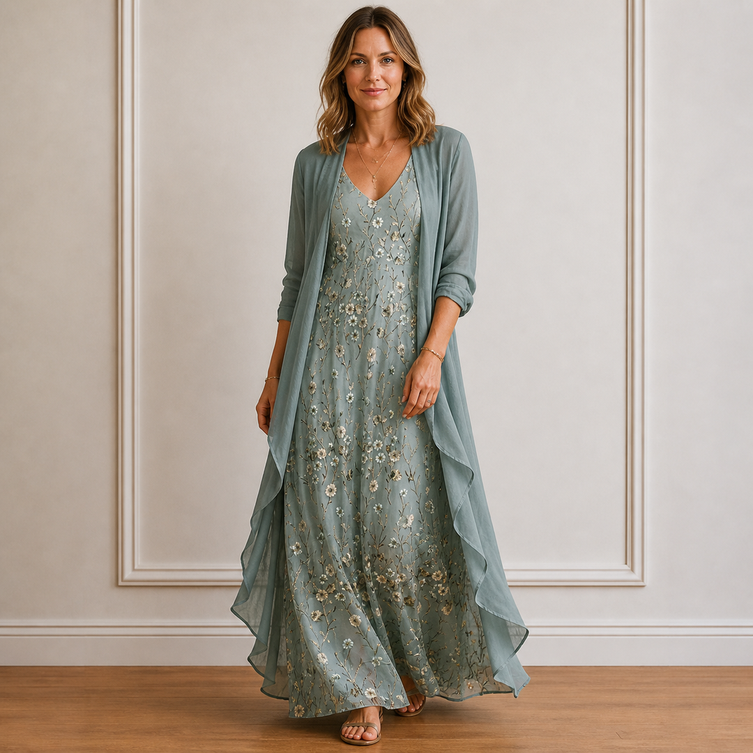 Women’s Maxi Dress with V-Neckline and Lightweight Cardigan