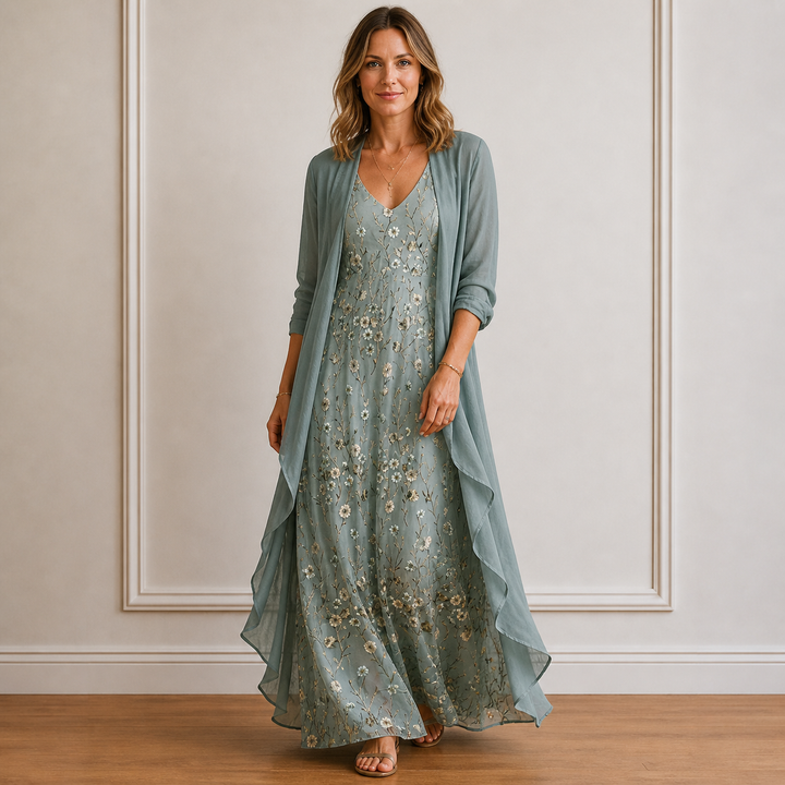 Women’s Maxi Dress with V-Neckline and Lightweight Cardigan